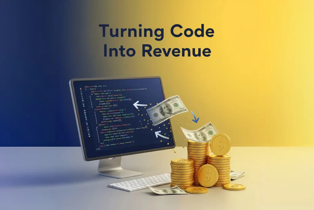 A computer screen displaying code, with dollar bills flowing out of it and a pile of gold coins in the foreground, symbolizing profit from well-structured development.