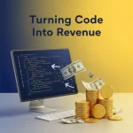 A computer screen displaying code, with dollar bills flowing out of it and a pile of gold coins in the foreground, symbolizing profit from well-structured development.