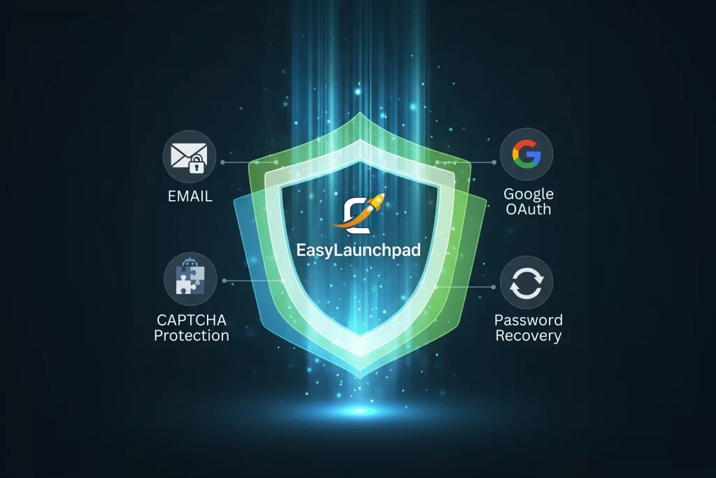 A shield icon with the EasyLaunchpad logo, surrounded by icons representing email, Google OAuth, CAPTCHA protection, and password recovery.