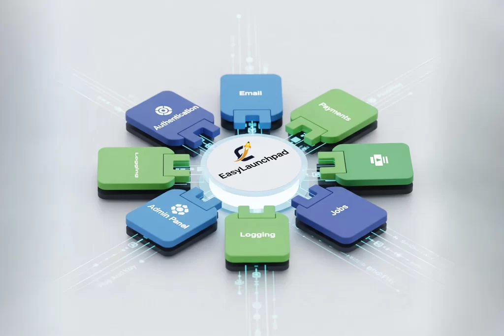 The EasyLaunchpad logo at the center, surrounded by icons representing different modules: Authentication, Email, Payments, Jobs, Admin Panel, and Logging.