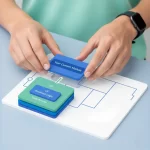 A diagram showing layers for UI, Business Logic, and Data Access, with two hands adding a "Your Custom Module" card onto a designated module line.