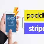 A hand holding a mobile phone with a "Secure Payment" heading and a lock icon on the screen. The logos for Stripe and Paddle are next to the phone, with a lightning bolt icon above, symbolizing speed.