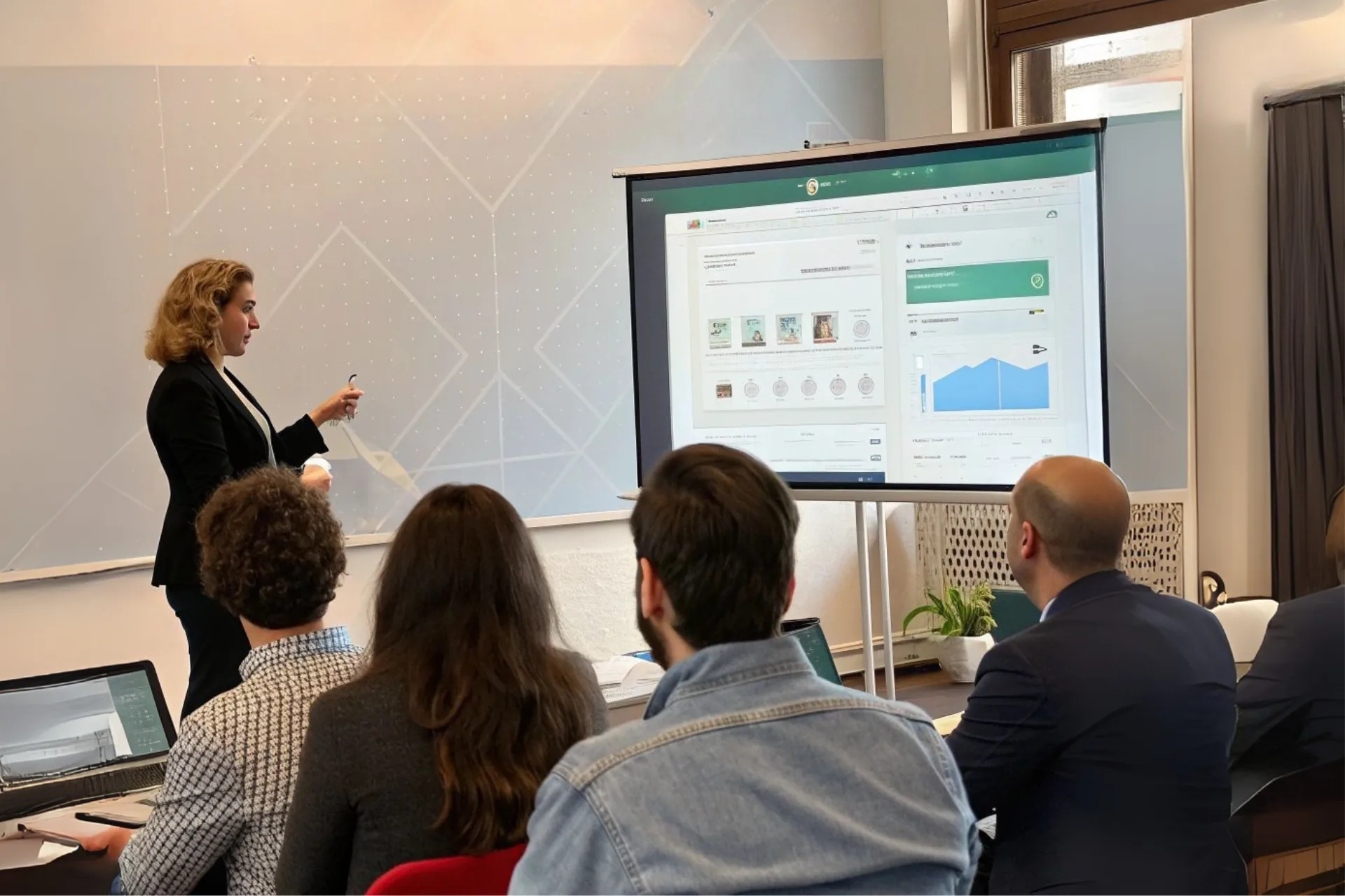 A female founder presents her SaaS project on a projector screen to an engaged audience with laptops, representing a successful launch