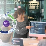 Two female programmers look at code on a monitor while an arrow circle on the left shows the .NET Core logo at its center and the words 'Build,' 'Test,' 'Ship,' and 'Iterate' around it.